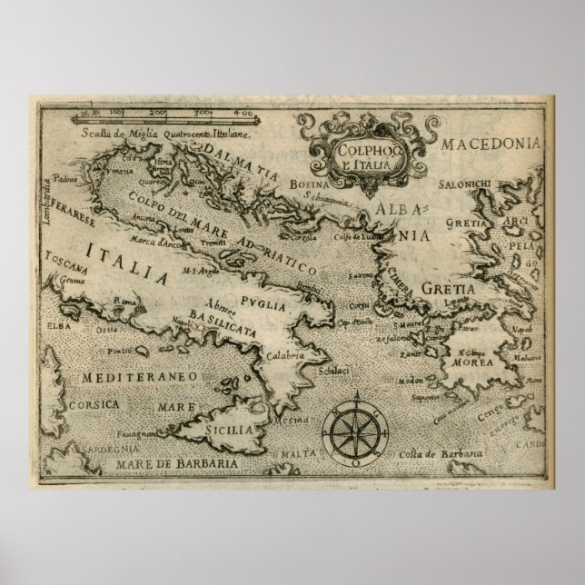 Póster Mapa da Itália e da Grécias (1587) (Frente)