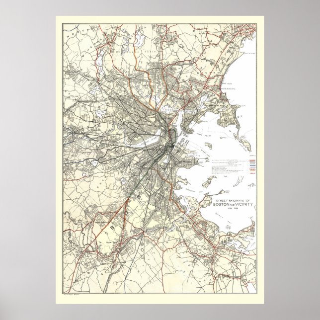Póster Mapa da Linha de Trânsito de Boston (1914) (Frente)