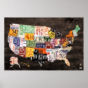 Poster Mapa da matrícula Dos EUA - cores mornas/preto
