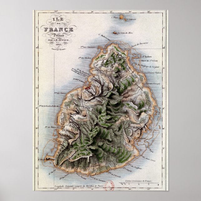 Póster Mapa da Maurícia, ilustração "Paul et Virginie" (Frente)