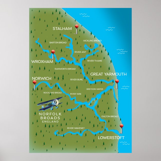 Poster Mapa da Norfolk Broads Inglaterra. (Frente)