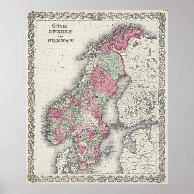 Póster Mapa da Noruega e da Suecias (1865) (Frente)