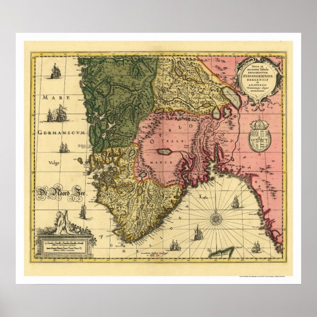 Poster Mapa da Noruega por Jan Jansson 1650 (Frente)