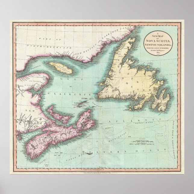 Póster Mapa da Nova Escócia e Terra Nova (1807) (Frente)
