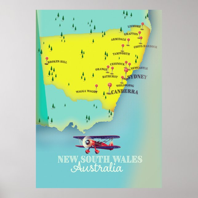 Poster Mapa da Nova Gales do Sul Austrália (Frente)
