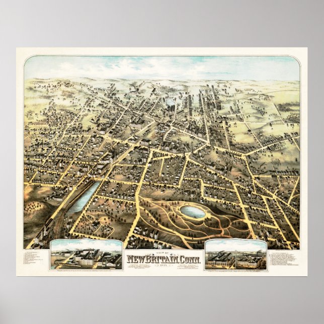 Póster Mapa da Nova Inglaterra, Connecticut, de 1875 (Frente)