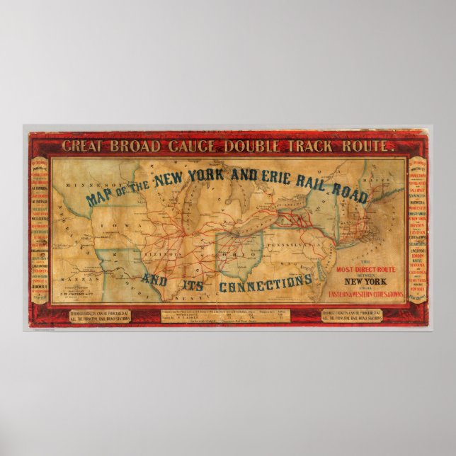 Póster Mapa da Nova Iorque e da Erie Rail Road (Frente)