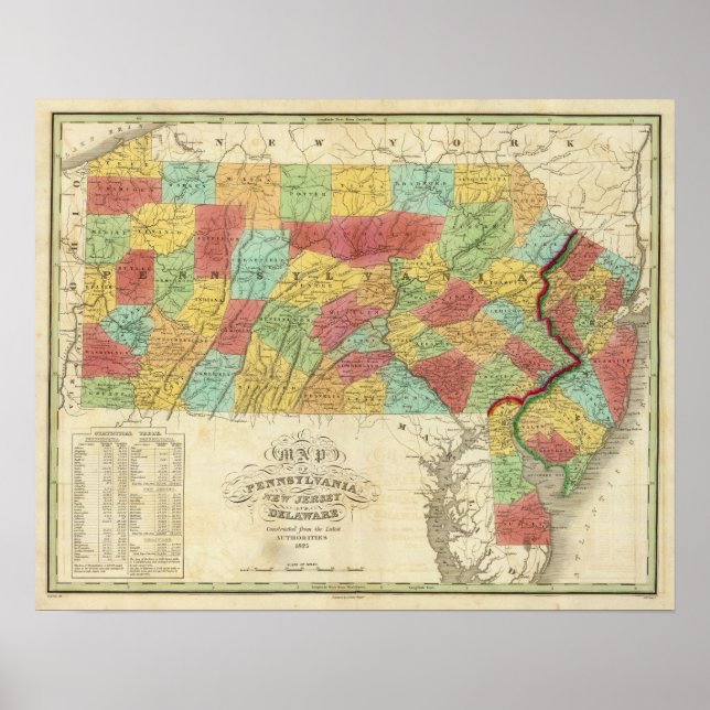 Póster Mapa Da Pensilvânia New Jersey E Delaware (Frente)