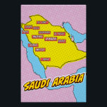Póster Mapa da pop Art Ilustrado da Arábia Saudita<br><div class="desc">Este mapa visualmente impressionante da Arábia Saudita é uma fusão de geografia e arte pop. Cores negros,  imagens icônicas e tipografia brincalhona se juntam para criar uma peça única e cativante.</div>
