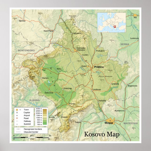 Poster Mapa da província sérvia jugoslava do Kosovo (Frente)