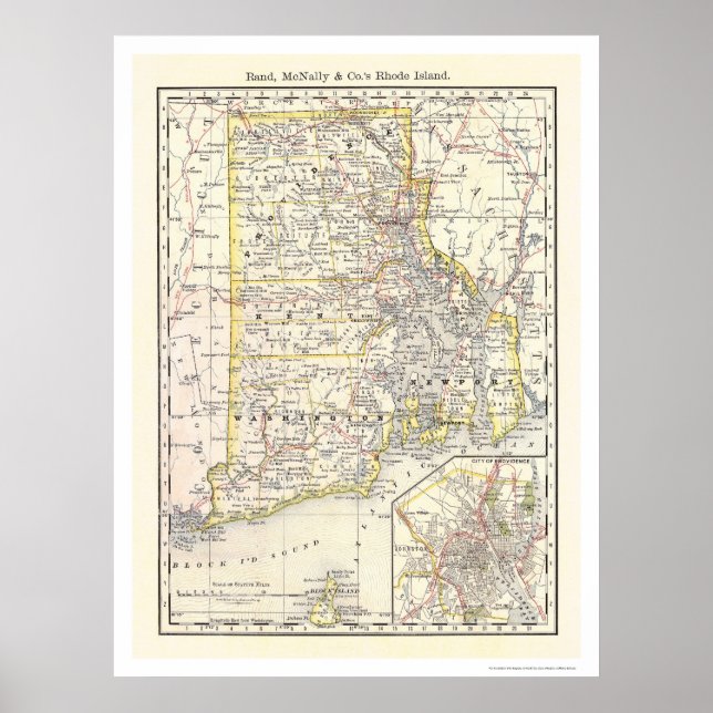 Póster Mapa da Rhode Island Railroad 1875 (Frente)