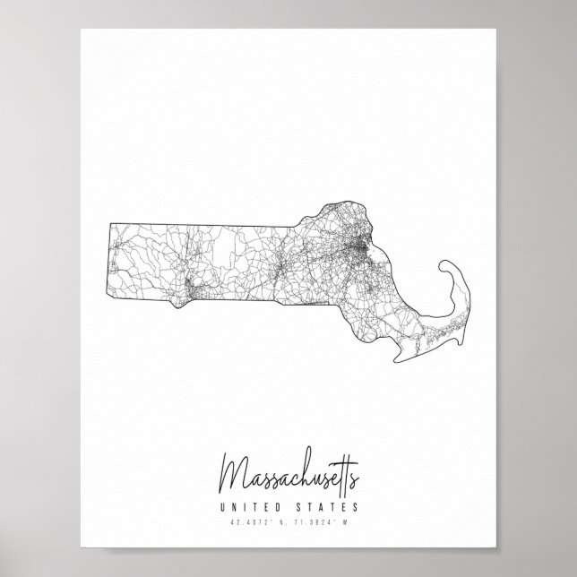 Poster Mapa da rua mínima de Massachusetts (Frente)