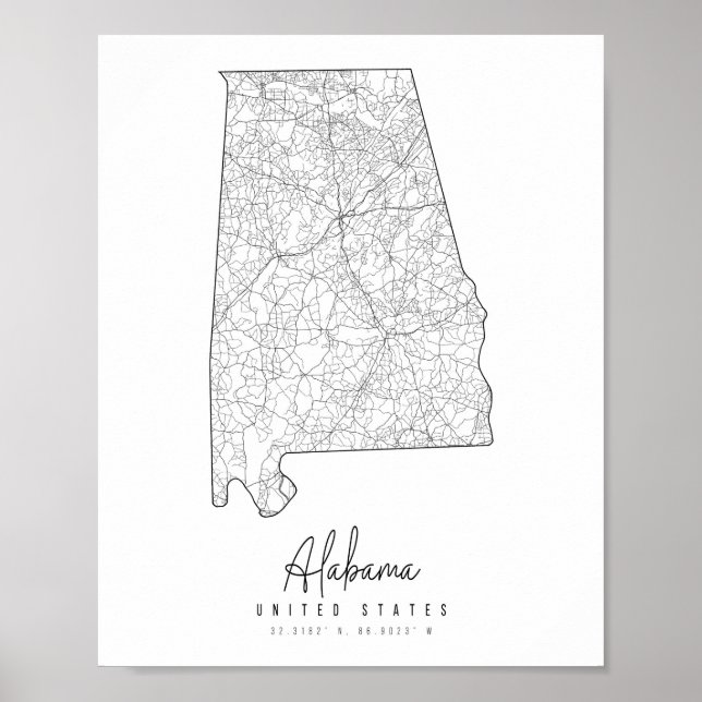 Poster Mapa da Rua Minimal do Alabama (Frente)