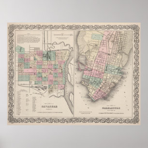 Poster Mapa da Savannah GA e Charleston SC 1886