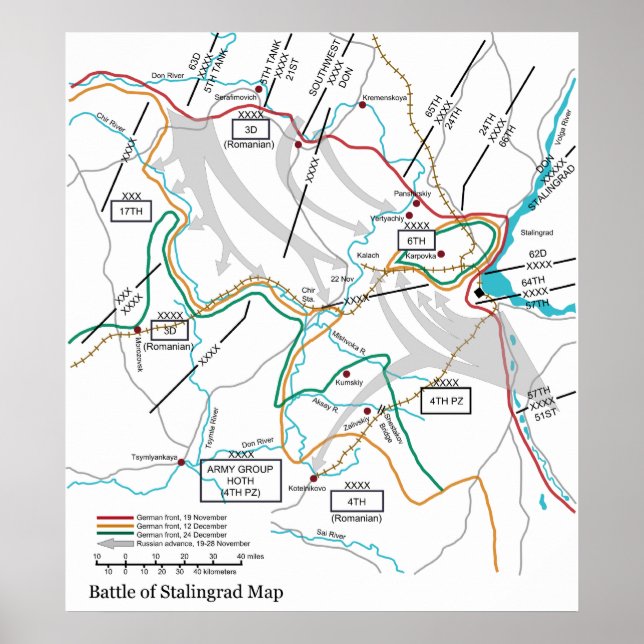 Poster Mapa da Segunda Guerra Mundial de Estalinegrado (Frente)