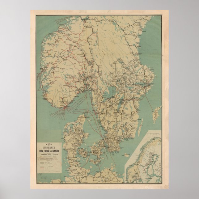 Poster Mapa da Suecia, Noruega e Dinamarca (1897) (Frente)