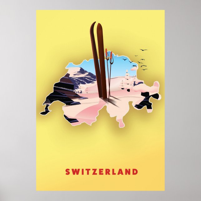Poster Mapa da Suíça Cartaz de viagem de esqui. (Frente)
