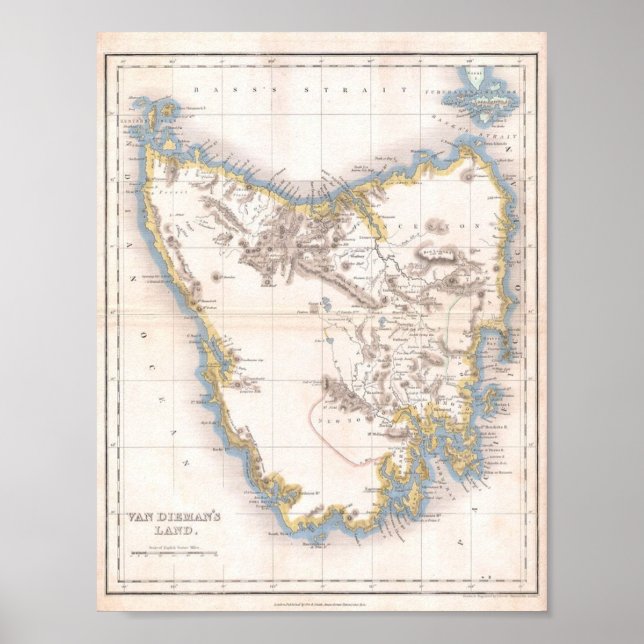 Poster Mapa da Terra de Van Dieman ou da Tasmânia (Frente)