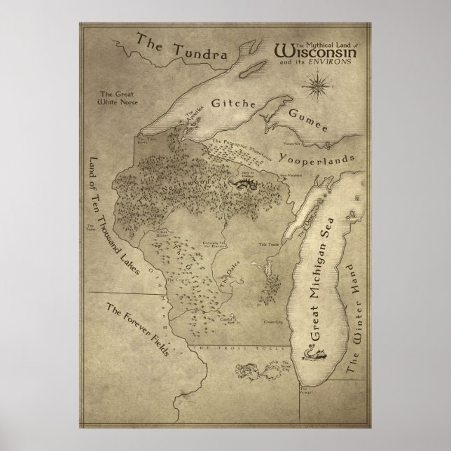 Poster Mapa da Terra Mítica de Wisconsin (Frente)
