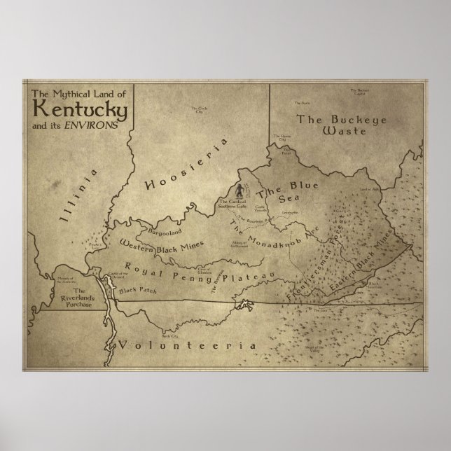 Póster Mapa da Terra Mítica do Kentucky (Frente)