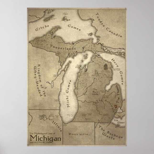 Poster Mapa da Terra Mitológica de Michigan (Frente)