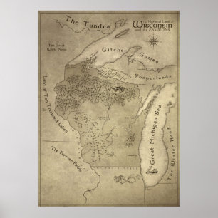 Poster Mapa da terra Mythical de Wisconsin