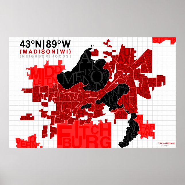 Poster Mapa da Tipografia da Madison Neighhood - Vermelho (Frente)