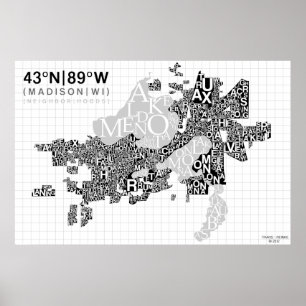 Póster Mapa da tipografia da vizinhança de Madison - B&W