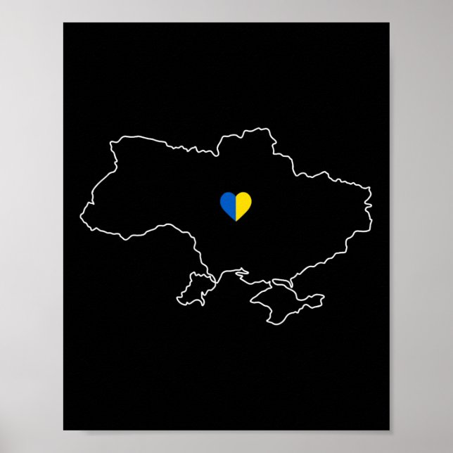 Poster Mapa da Ucrânia com Coração em Azul Amarelo Ucrani (Frente)