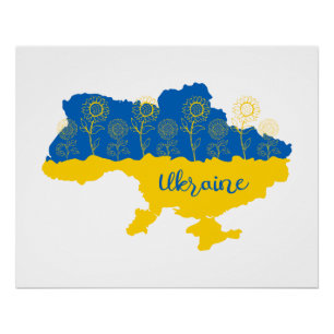 Póster Mapa da Ucrânia com girassol e bandeira ucraniana