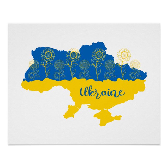 Póster Mapa da Ucrânia com girassol e bandeira ucraniana (Frente)