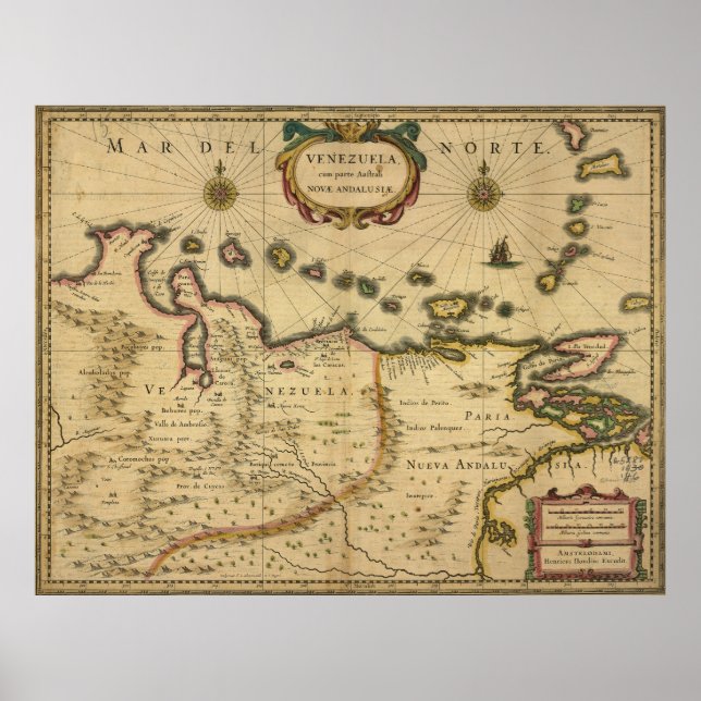 Póster Mapa da Venezuela por Hendrik Hondius (1630) (Frente)