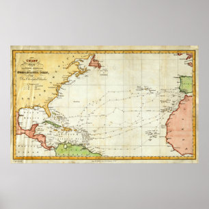 Póster Mapa da viagem de Cristóvão Colombo do vintage