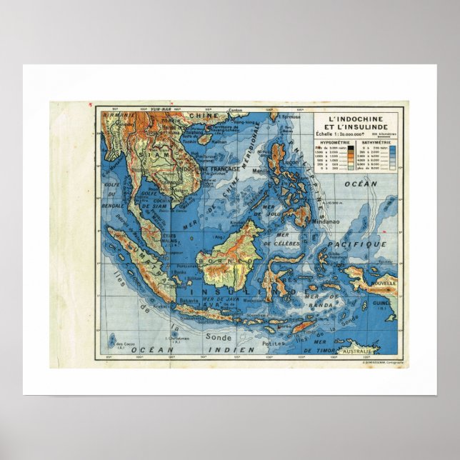 Póster Mapa da Vintage, 1920, francês,L'IndoChine et Inso (Frente)