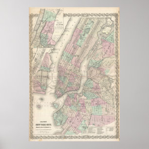Poster Mapa da Vintage da NYC e do Brooklyn (1865)
