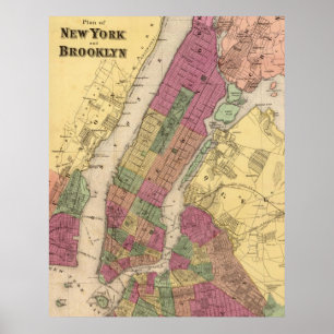 Poster Mapa da Vintage da NYC e do Brooklyn (1868)