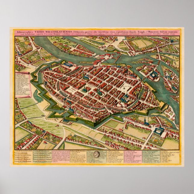 Poster Mapa da Vintage da Polônia Wroclaw (1752) (Frente)