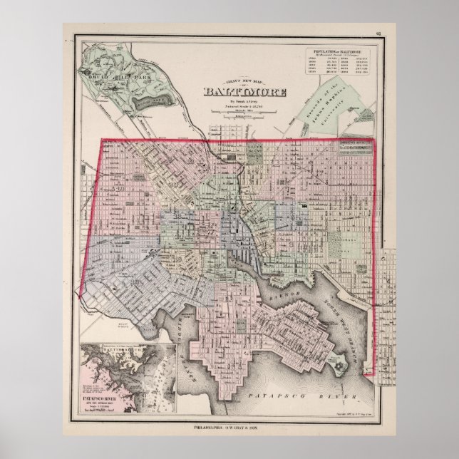 Poster Mapa da Vintage de Baltimore MD (1876) (Frente)