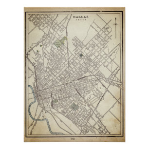 Póster Mapa da Vintage de Dallas, TX (1890)