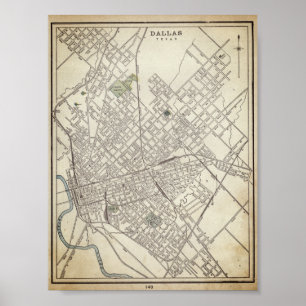 Poster Mapa da Vintage de Dallas, TX (1890)