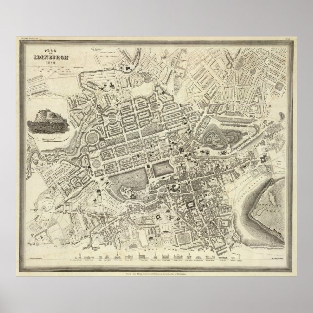 Poster Mapa da Vintage de Edimburgo, Escócia (1844) (Frente)