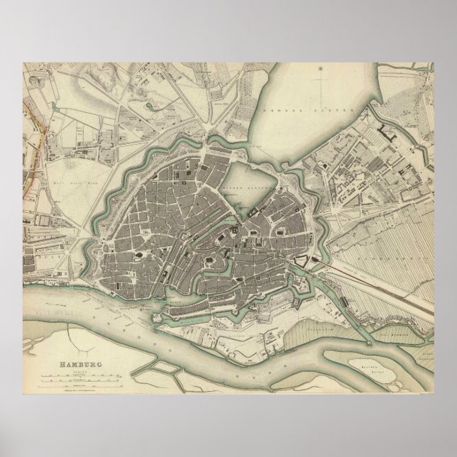Póster Mapa da Vintage de Hamburgo Alemanha (1841) (Frente)