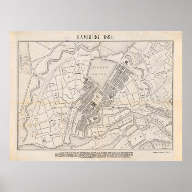 Poster Mapa da Vintage de Hamburgo Alemanha (1864) (Frente)