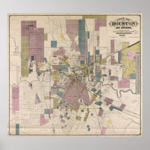 Póster Mapa da Vintage de Houston Texas (1895)