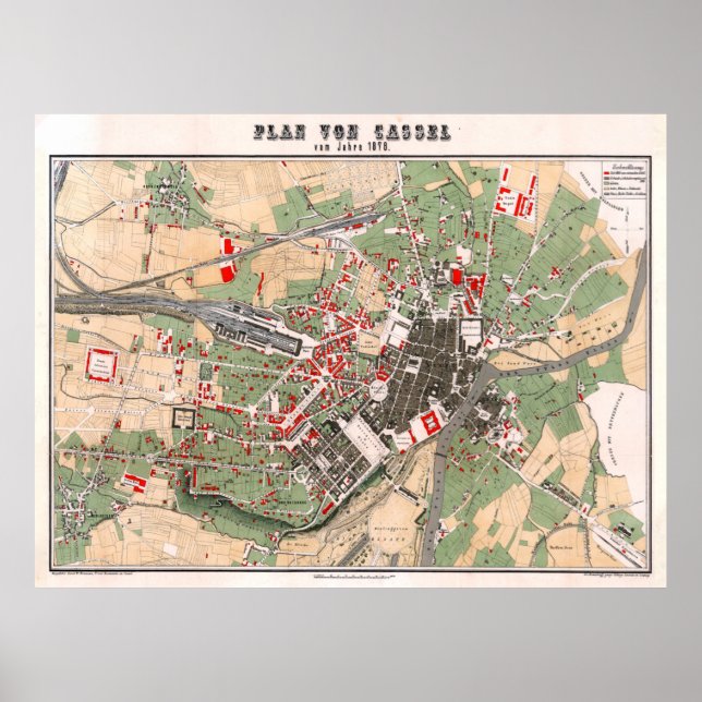 Poster Mapa da Vintage de Kassel Alemanha (1878) (Frente)