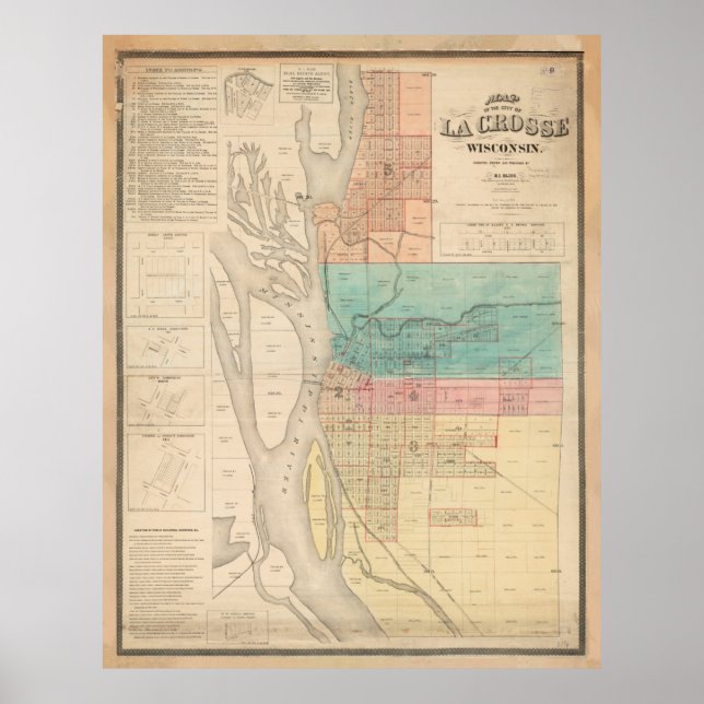 Poster Mapa da Vintage de La Crosse WI (1874) (Frente)