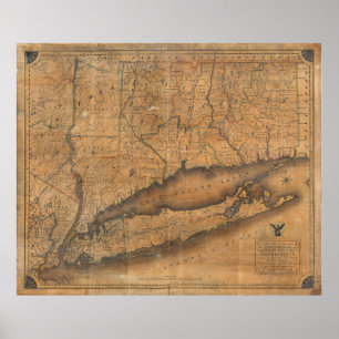 Poster Mapa da Vintage de Long Island e Connecticut (1815