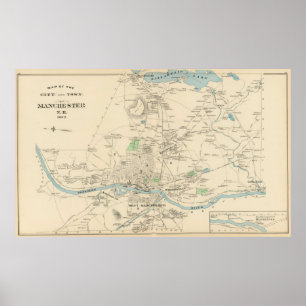 Póster Mapa da Vintage de Manchester NH (1892)