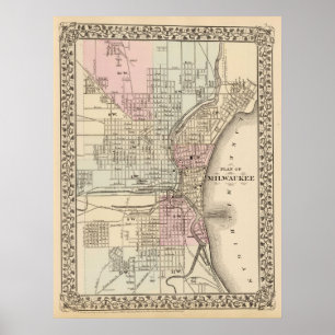 Póster Mapa da Vintage de Milwaukee (1880)