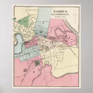 Póster Mapa da Vintage de Nashua NH (1877)